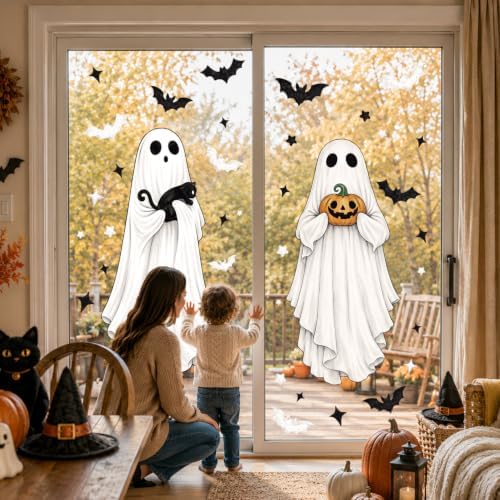 CCINEE 3 Sheets Halloween Ghosts Window Clings, Extra Large Spooky Bats Black Cat Pumpkin Window Stickers Ghost Mirror Decals for Home School Office Glass Halloween Party Indoor Outdoor Decorations