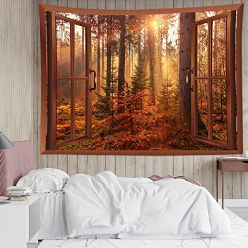 HVEST Fall Tapestry Autumn Maple Tree Forest Scenery outside Window Tapestry for Bedroom, Rustic Thanksgiving Wall Art for Living Room Dorm Holiday Wall Decor, 59W X 51H Inches