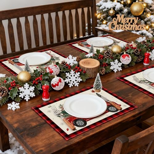 OTOSTAR Christmas Placemats Set of 4, 12x18 Inch Red and Black Buffalo Plaid Christmas Truck Tree Place Mats Seasonal Winter Xmas Holiday Kitchen Dining Table Mats for Home Party