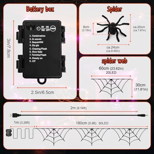 Halloween Decorations Spider Web Lights 6FT 60LED Battery Operated/USB Powered with Black Spider with Timer 8 Modes Indoor Outdoor for Halloween Decor, Orange&Purple