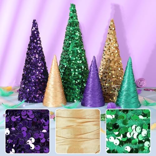 6 Pcs 12" 10" 6" Mardi Gras Table Centerpieces Mardi Gras Tiered Tray Signs Cone Tree Ornament Gold Green Purple Table Tree Decor for Mardi Gras Carnival Party Supplies and Decors