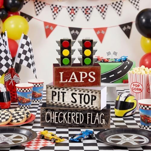 Lineshading 4 Pcs Race Car Wooden Tiered Tray Decor Tabletop Block Signs