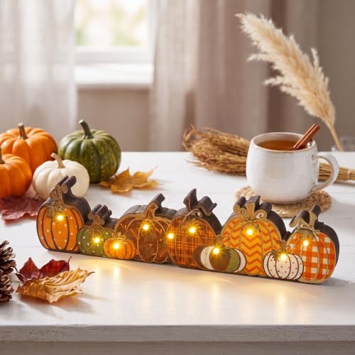 Yousoontic Fall Table Decorations, Light up Pumpkin Table Centerpieces Retro Wooden Sign Decor with LED Lights 3D Block Pumpkin Decor for Autumn Thanksgiving Harvest Farmhouse Home Mantel Desk Party