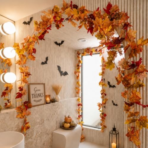 CQURE 8 Pack Fall Leaf Garland, Total 47.2Ft Artificial Fall Maple Leaves Autumn Vines Garland Thanksgiving Decor for Home Fireplace Party