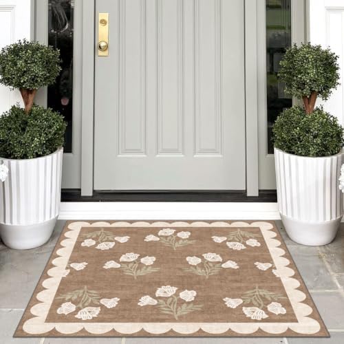 3x3 Square Entryway Rug - Non-Slip Washable Front Door Mat Indoor Outside Entrance Small Porch Rug Tan Neutral Floral