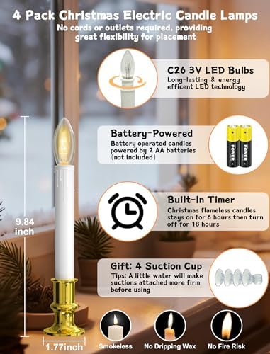 4 Pack Christmas Window Candle Lamps, Battery Operated Window Candle Lights with Automatic Timer and C26 3V LED Bulbs Candlestick for Indoor Windows Table Decor, 4 Suction Cups