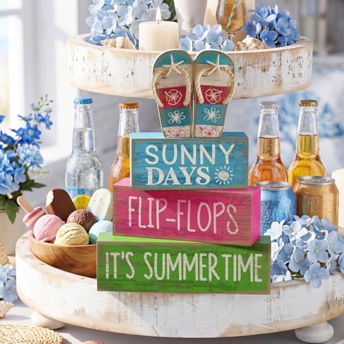 Lineshading 4 Pcs Flip Flop Beach Summer Wooden Block Signs Table Decor