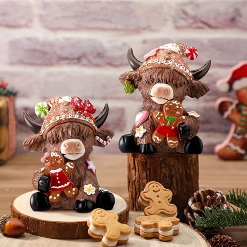 Karenhi 2 Pcs Highland Cow Figurines Resin, Gingerbread Christmas Decor