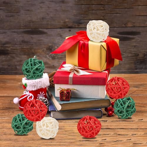 Lucleag 36Pcs Christmas Rattan Balls Decorations, 1.18in Red White Green Natural Wicker Balls Ornament Vase Filler DIY Craft with Hemp Rope for Xmas Tree Home Table Decorations Party Supplies