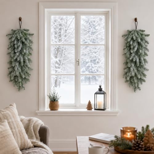 4 Pcs Extra-Long Snow Christmas Teardrop Swag, Artificial Frosted Door Swag