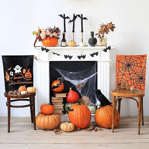 Whaline 4 Pack Happy Halloween Chair Covers Spooky Chair Back Covers Halloween Ghost Witch Bat Dining Room Seat Covers Orange Black Chair Slipcovers for Home Dining Room Kitchen Halloween Party