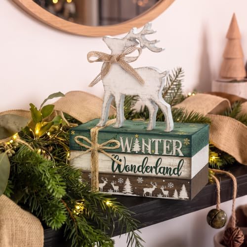 Geelin 4 Pcs Christmas Tiered Tray Decor Wooden Book Stack Signs, White Reindeer Christmas Table Decor, Farmhouse Rustic Centerpieces for Shelf Coffee Bar Office Desk Decorations