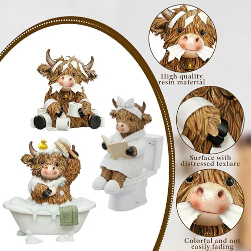 3 Pcs Bathroom Highland Cow Figurines Gifts Decor