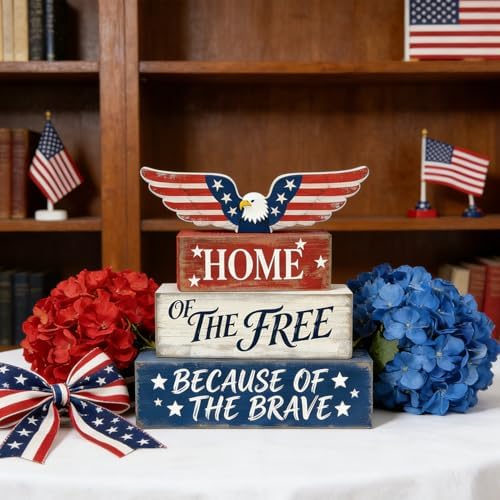 4th of July Table Decorations Patriotic Memorial Day Tiered Tray Decor Wooden Eagle Block Signs Independence Farmhouse 250th July Fouth Centerpiece for Tables Wooden Sign for Home Decor