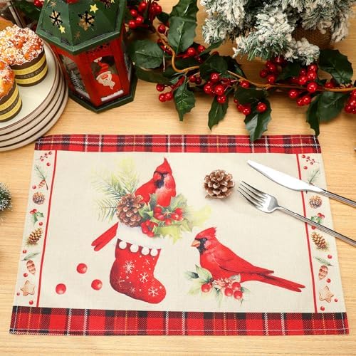 Hushee 6 Pack Christmas Cardinal Placemats 12x18 Washable Heat Resistant