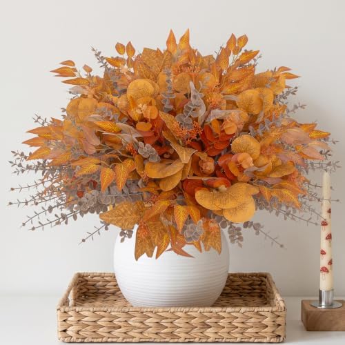 lovemoon 130 Pcs Fall Mixed Greenery Artificial Eucalyptus Stems, Orange