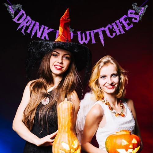Purple Glitter Drink Up Witches Halloween Banner - Halloween Hanging Paper Garland Bunting Banner with Witch Hat Decorations, Photo Backdrop for Wall Home Mantle Office Wall Scary Party Supplies