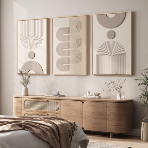 3D Large Framed Boho Neutral Abstract Wall Art for Living Room, 3 Piece