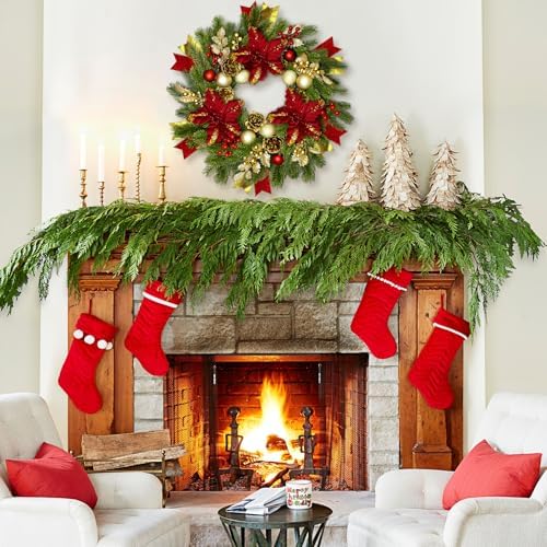 24" Christmas Wreaths for Front Door with Lights & Poinsettia Flowers