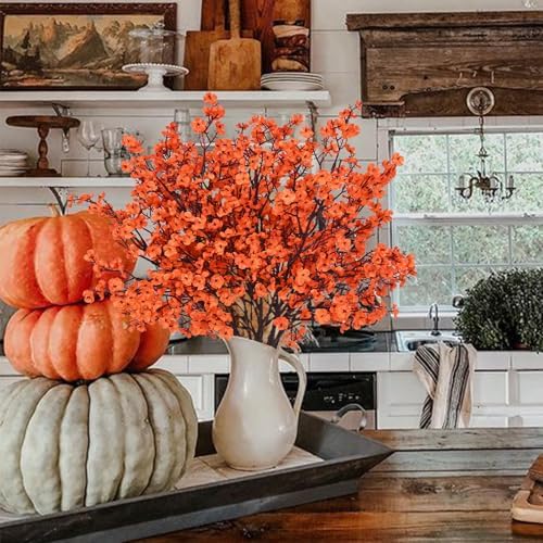 10Pcs Fake Fall Flowers, Real Touch Babys Breath Artificial Flowers, Orange
