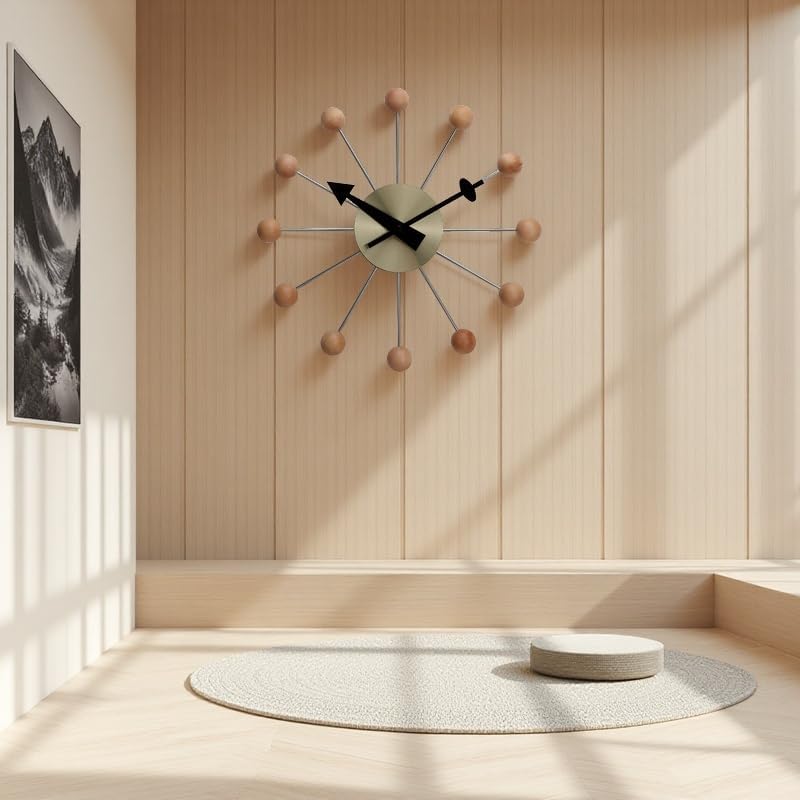 NUOVO 13 Inch Wood Ball Wall ClockMulticolor Mid Century Creative Silent Quartz Personality Funny Decorative Home