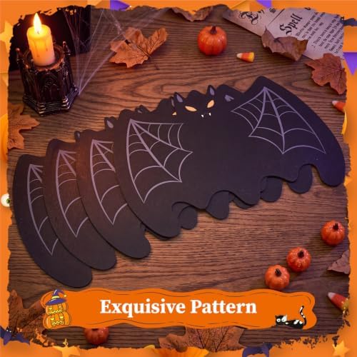 Remerry Set of 6 Halloween Bat Placemats Leather,Large Bat,Black