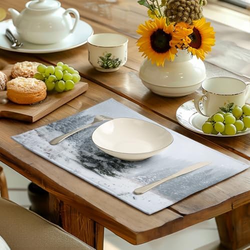 Winter Placemats Set of 4, 12x18 Inch Christmas Pine Tree Snowflake Linen Table Mats Seasonal Washable Farmhouse Place Mats for Kitchen Dining Xmas Holiday Party Decor