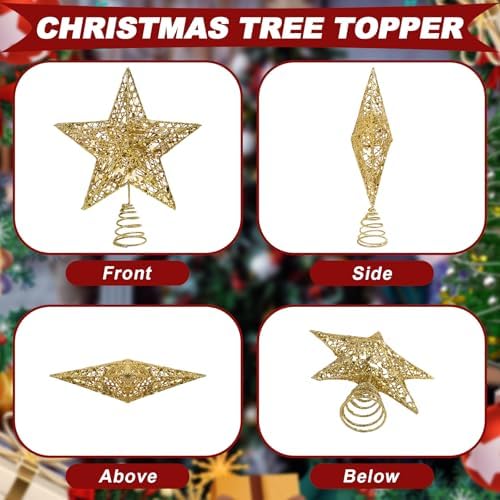 Christmas Tree Topper Star Small Gold Christmas Star Metal Glitter Xmas Tree Topper for Pencil Trees Decorations 8 Inch