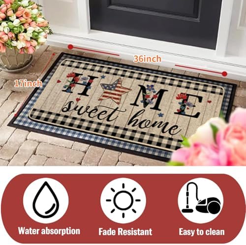 ORTIGIA 4th of July Patriotic Home Sweet Home Doormat Independence Day Memorial Day Welcome Door Mats Non-Slip Durable Entrance Mat for Home Entrance Entry Yard Floor Patio 17x36 INCH