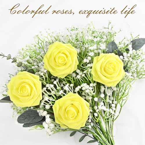 BLEUM CADE 36Pcs Artificial Flowers Fake Foam Roses with Stems for Wedding