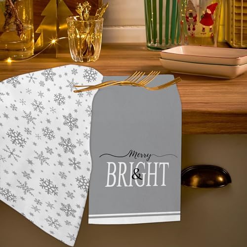 JOOCAR Christmas Snowflake Kitchen Towels Grey Snowflake Dish Towels Set of 2, 16x27 Inch Seasonal Winter Holiday Decor Drying Dishcloth, Chrismtas Decoration Hand Towels for Bathroom Kitchen