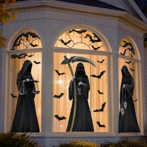 Halloween 3 PCS Large Window Cling Grim Reaper Bat Decals Stickers Decor