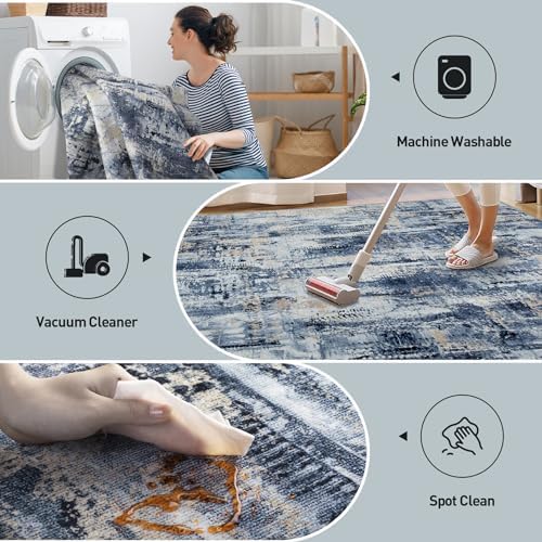 9x12 Area Rugs for Living Room: Washable Abstract Blue Gold Badroom Carpet