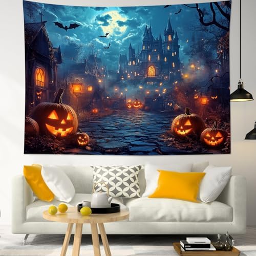 HVEST Horror Halloween Tapestry Wall Hanging Spooky Pumpkin and Gothic Haunted House Wall Art Moon and Scary Bat Tapestry for Bedroom Living Room Dorm Wall Decor, 70.9L X 92.5W inches