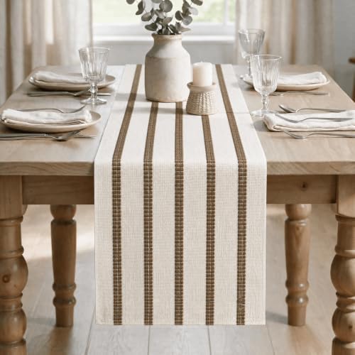 Artoid Mode Light Coffee Farmhouse Woven Stripe Table Runner, Seasonal Holiday Boho Rustic Kitchen Dining Table Decoration for Home Party Decor 12x72 Inch
