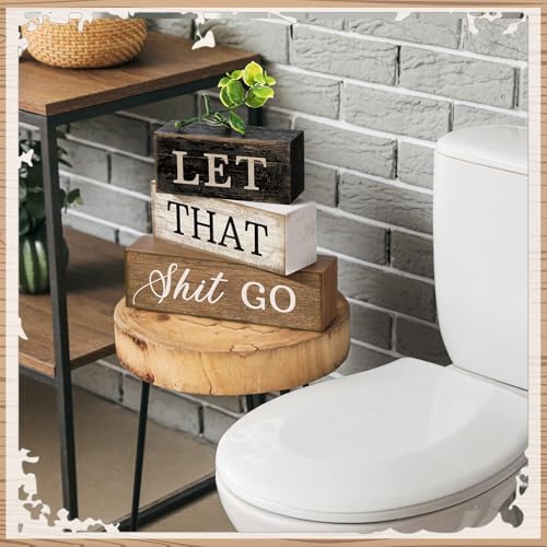 Moucuny 4 Pcs Wooden Block Signs Farmhouse Table Decoration for Bathroom