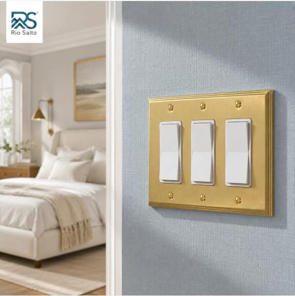 Rio Salto BRASS 3 Light Switch Cover Triple Rocker Paddle Decorator Switch Plate Brushed Gold Metal Outlet Covers