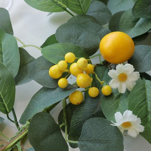 Mizii Artificial Lemon Garland 6FT Fake Fruit Lemons Garland with Berries Green Leaves Hanging Vines Greenery Decorations for Kitchen Table Centerpieces Room Party Birthday Decor (Lemon with Berries)