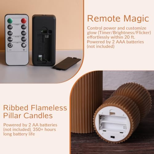 Brown Ribbed Fall Flameless Pillar Candles with Remote Set of 2