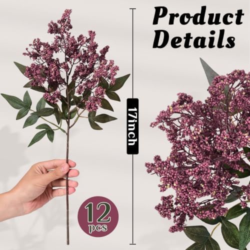 12Pcs 17In Faux Berry Stems, Artificial Nandina Branches Fall Decor