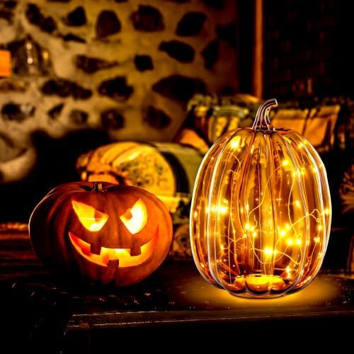 Glooglitter Mercury Glass Pumpkin Light LED Fall Lamp, Oval, Amber, Large