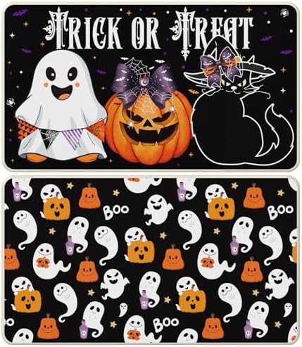 Halloween Door Mat Set of 2, Trick or Treat Doormat with Rubber