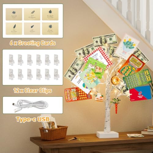 PEIDUO Money Tree, 22 Inch Gift Card Tree Holder with 6 Clips and 6 Greeting Cards, 24 Warm White Birch Tree with Lights, Christmas Tree Card Holder for Birthday Wedding Indoor Xmas Decorations