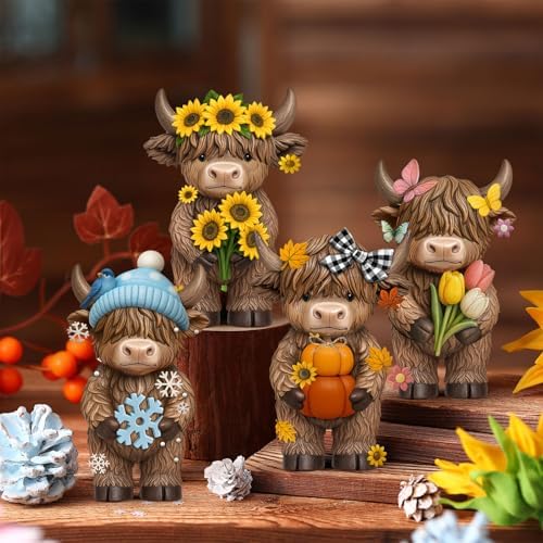 Simgoing 4 Pcs Seasonal Highland Cow Figurines, Spring Summer Fall Winter Gnomes 4 Seasons Highland Cow Home Decor Table Centerpieces Scottish Resin Statue Calf Gifts for Home Garden Kitchen Office