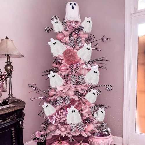 Suncalla 12 Pcs Halloween White Ghost Stem 12 Inch Cute Glitter Ghost Picks
