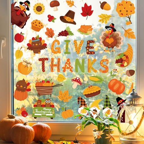 Whaline 9 Sheets Fall Thanksgiving Cartoon Window Cling Stickers Turkey Pumpkin Gnome Window Decals Give Thanks Reusable Glass Decoration for Autumn Harvest Party Home Classroom