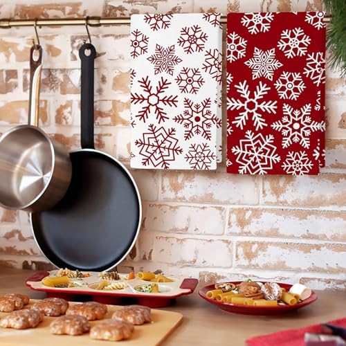 JOOCAR Christmas Snowflake Kitchen Towels Dish Towels Set of 2, 16x27 Inch Seasonal Soft Drying Dishcloth, Red and White Decoration Hand Towels