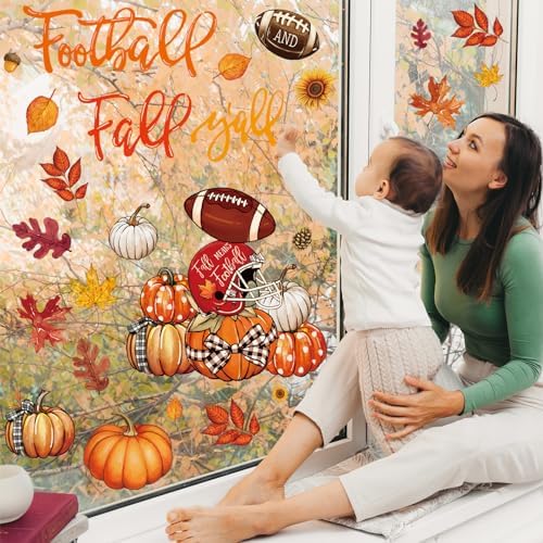 Whaline 6 Sheet Fall Football Window Clings Fall Y'all Reusable Window Decals Maple Leaves Pumpkin Truck Glass Sticker for Autumn Thanksgiving School Office Supplies Home Decor