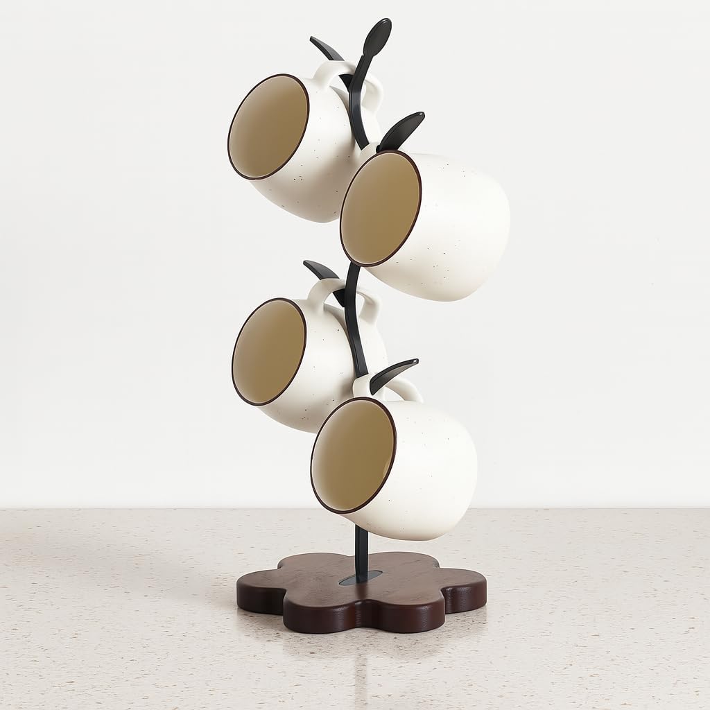 Mug Tree for Coffee Cups – Rustic Mug Holder Stand with 4 Hooks, Countertop Cup Rack for Coffee Bar & Kitchen
