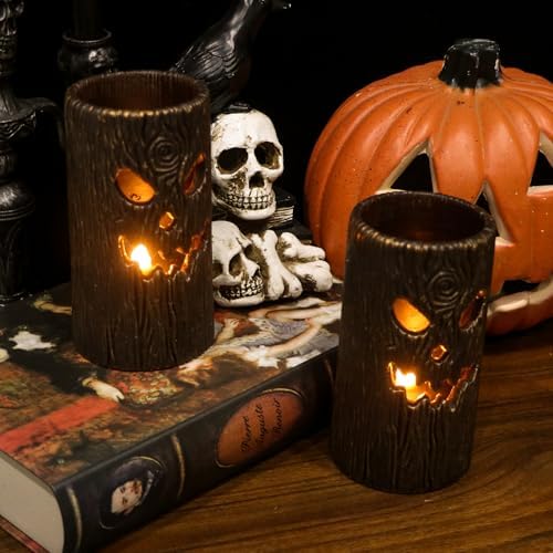 Halloween Flameless Candles, 2PCS Ghost Tree Carved Pillar Candles